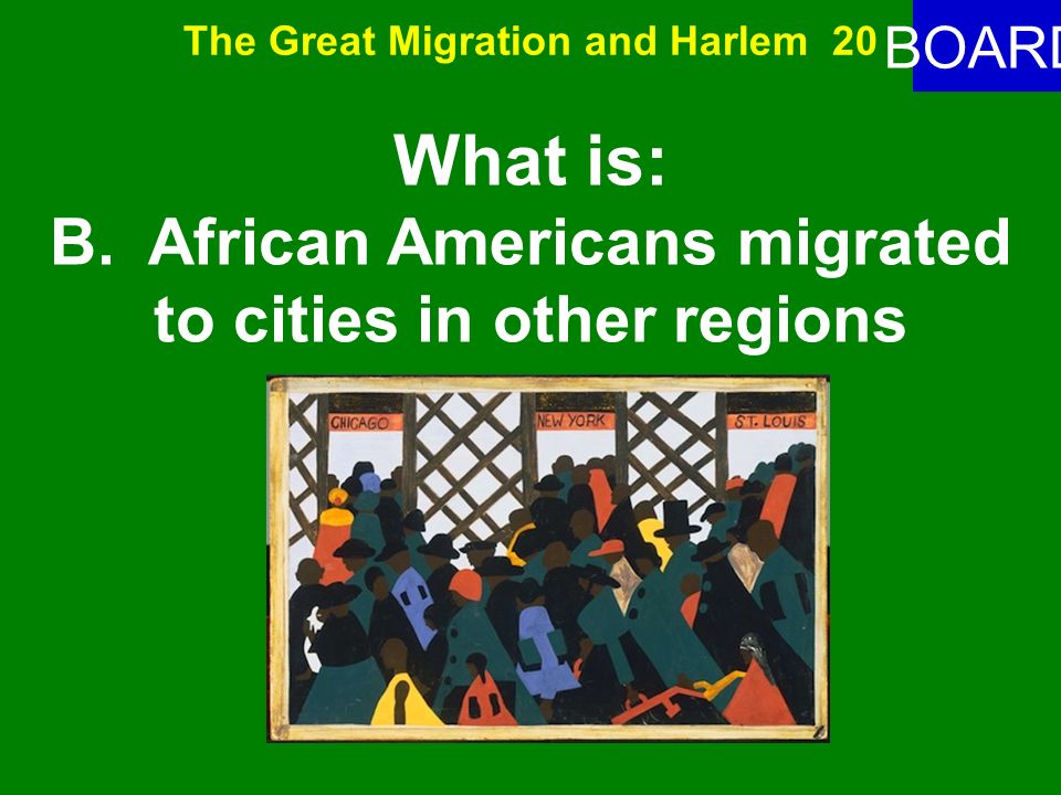The Great Migration and Harlem Renaissance 20 ANSWER What would be a good title for the following list.