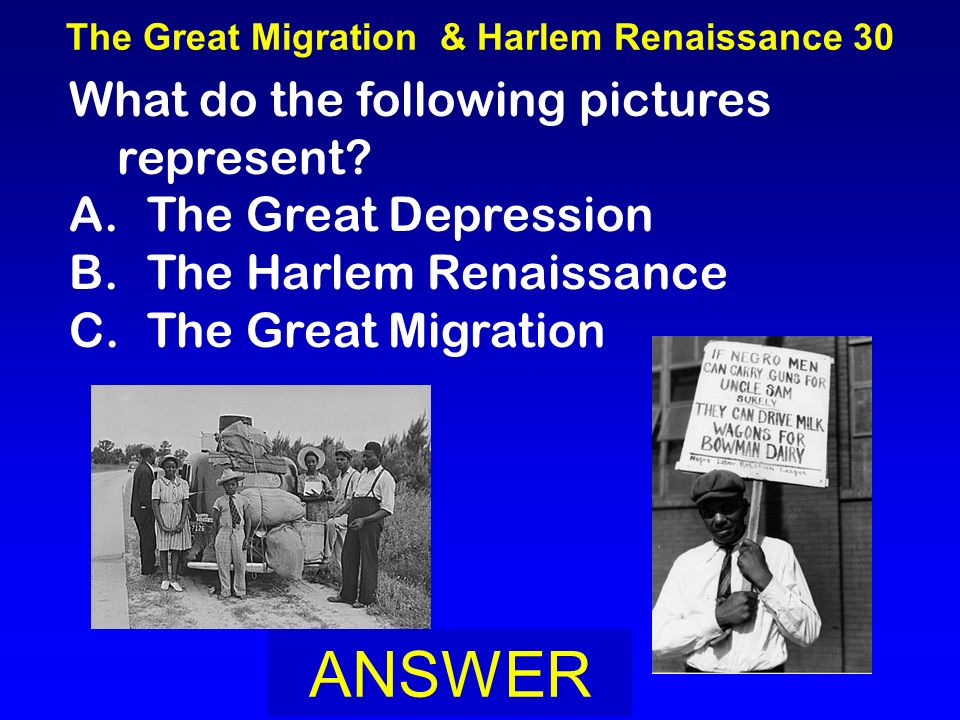 The Great Migration and Harlem 20 BOARD What is: B.