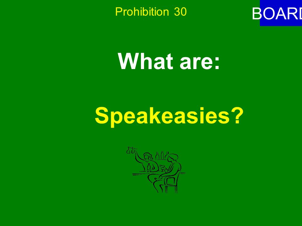 Prohibition 30 ANSWER These were places in which alcoholic beverages were drank illegally.