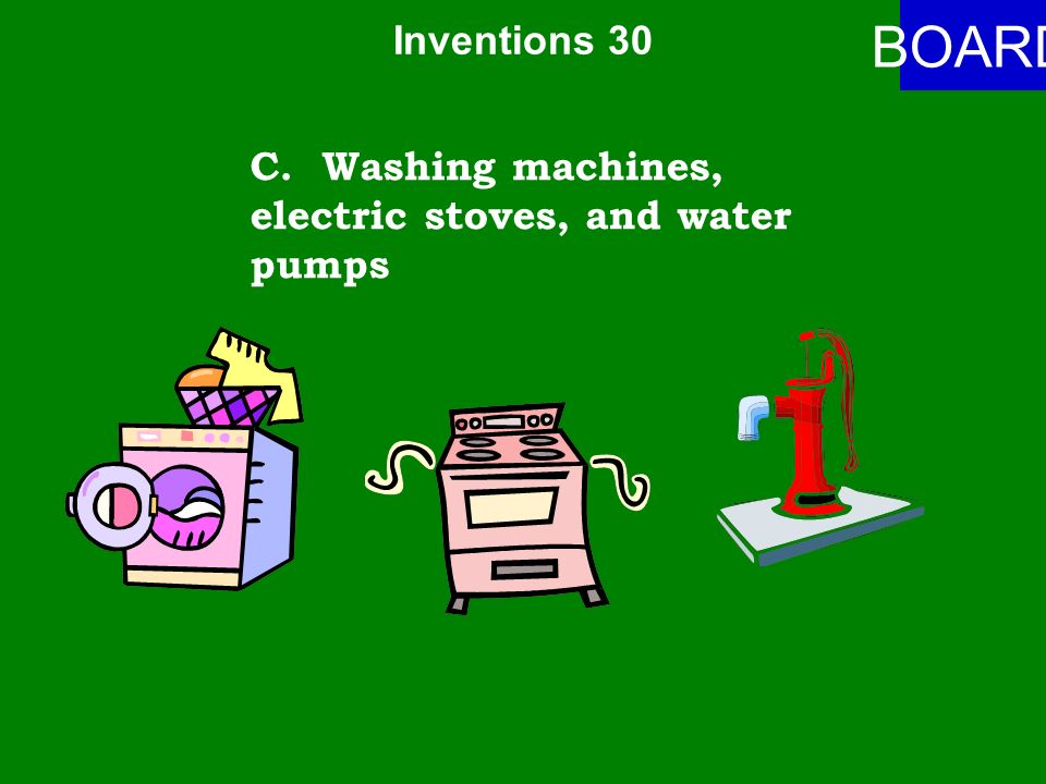 Inventions 30 ANSWER A.Mops, brooms, and rakes B.Scrub boards, wood burning stoves, and wells C.Washing machines, electric stoves, and water pumps What would be an example of three labor saving products