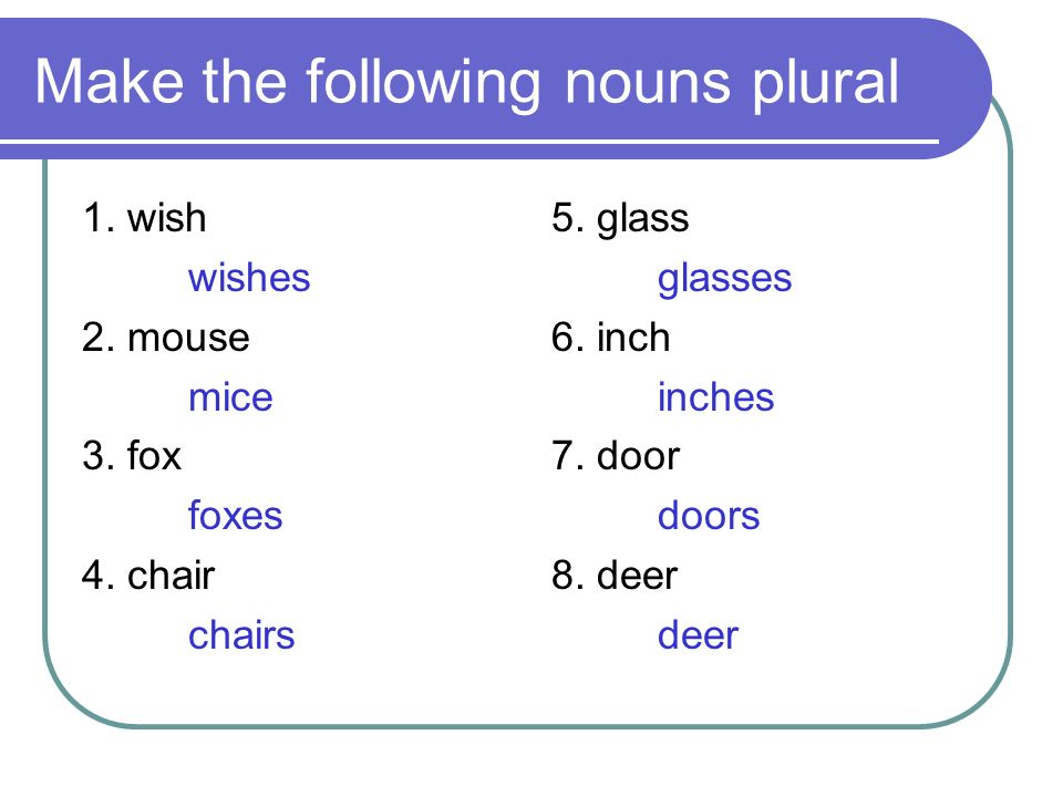 Make the following nouns plural 1. wish wishes 2.