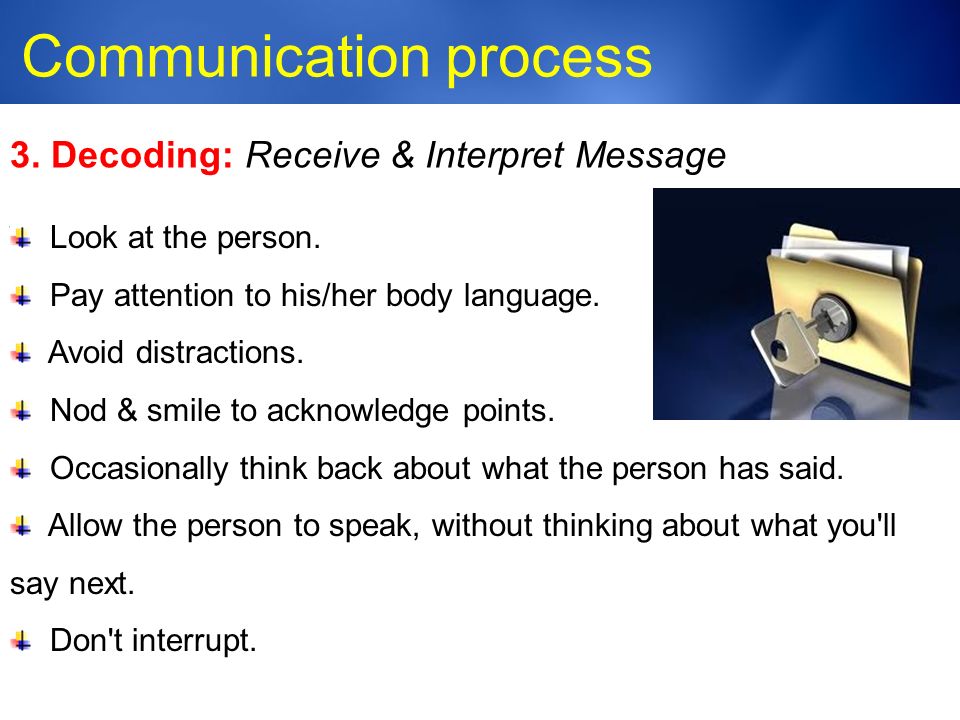 Medic-Unity ® Communication process Decoding: Receive & Interpret Message Look at the person.