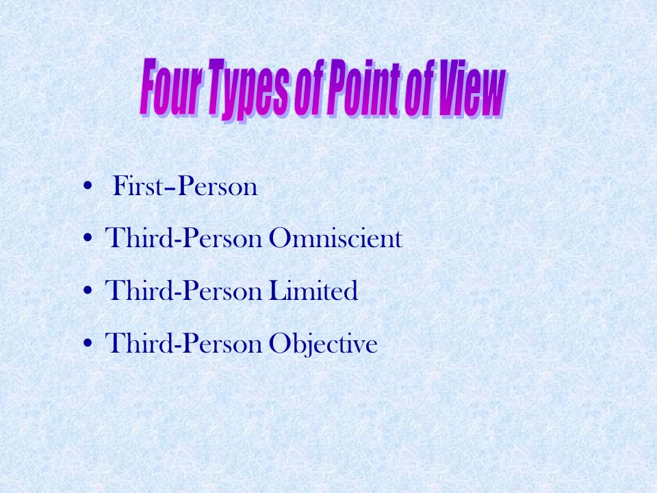 First–Person Third-Person Omniscient Third-Person Limited Third-Person Objective