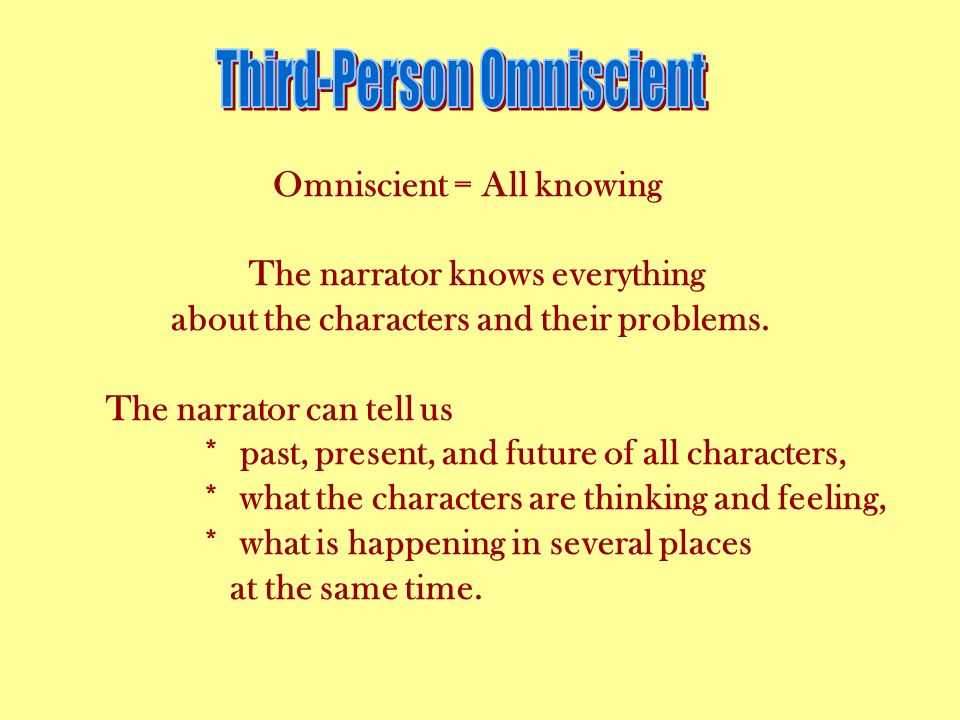 Omniscient = All knowing The narrator knows everything about the characters and their problems.
