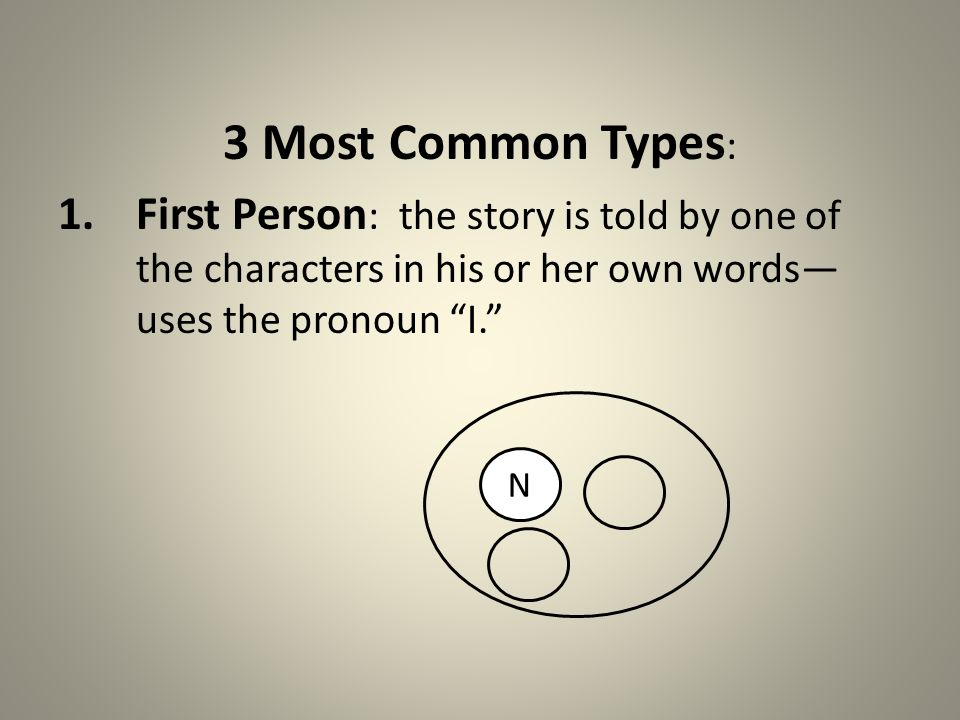 3 Most Common Types : 1.First Person : the story is told by one of the characters in his or her own words— uses the pronoun I. N