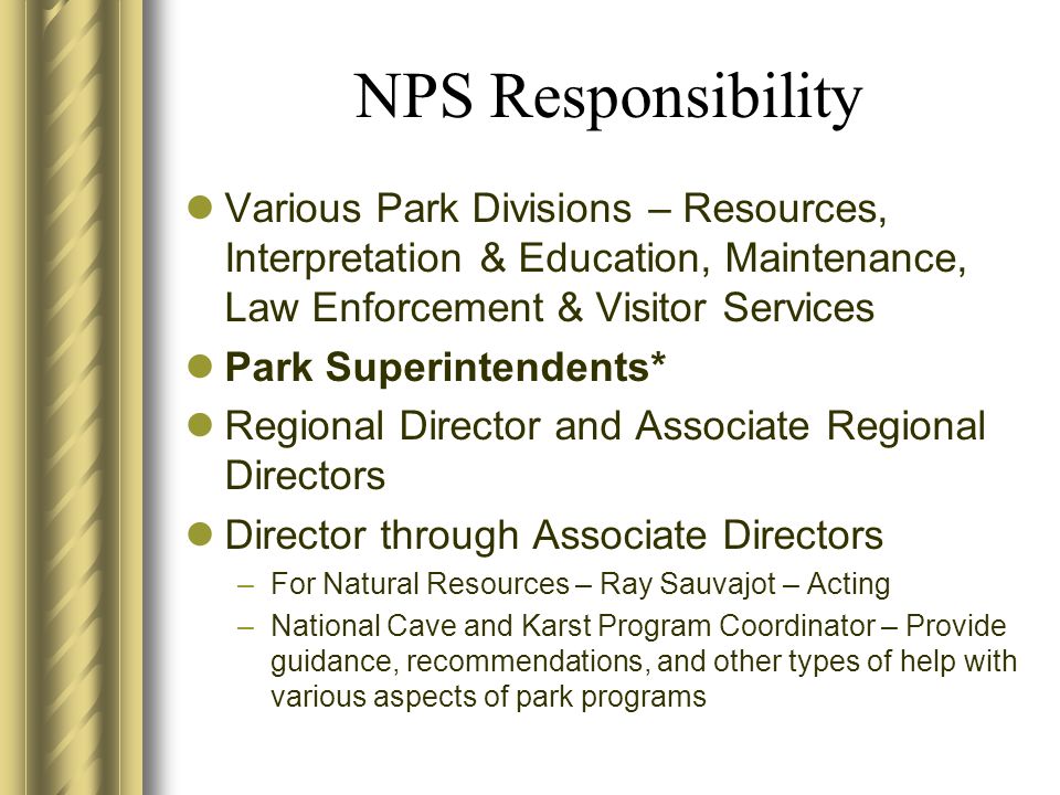 NPS Responsibility Various Park Divisions – Resources, Interpretation & Education, Maintenance, Law Enforcement & Visitor Services Park Superintendents* Regional Director and Associate Regional Directors Director through Associate Directors –For Natural Resources – Ray Sauvajot – Acting –National Cave and Karst Program Coordinator – Provide guidance, recommendations, and other types of help with various aspects of park programs