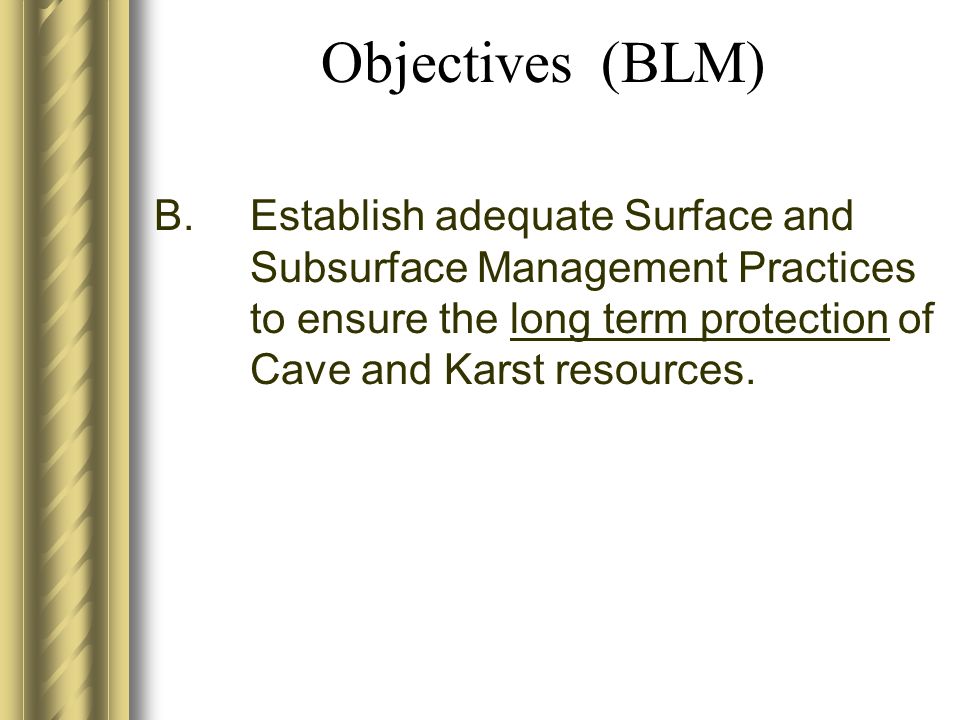 Objectives (BLM) B.Establish adequate Surface and Subsurface Management Practices to ensure the long term protection of Cave and Karst resources.