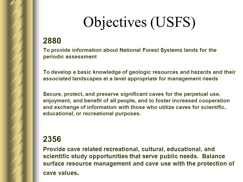 Objectives (USFS) 2880 To provide information about National Forest Systems lands for the periodic assessment To develop a basic knowledge of geologic resources and hazards and their associated landscapes at a level appropriate for management needs Secure, protect, and preserve significant caves for the perpetual use, enjoyment, and benefit of all people, and to foster increased cooperation and exchange of information with those who utilize caves for scientific, educational, or recreational purposes.
