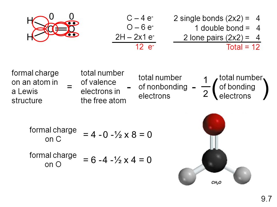 C – 4 e - O – 6 e - 2H – 2x1 e - 12 e - 2 single bonds (2x2) = 4 1 double bond = 4 2 lone pairs (2x2) = 4 Total = 12 H CO H formal charge on C = ½ x 8 = 0 formal charge on O = ½ x 4 = 0 formal charge on an atom in a Lewis structure = 1 2 total number of bonding electrons () total number of valence electrons in the free atom - total number of nonbonding electrons