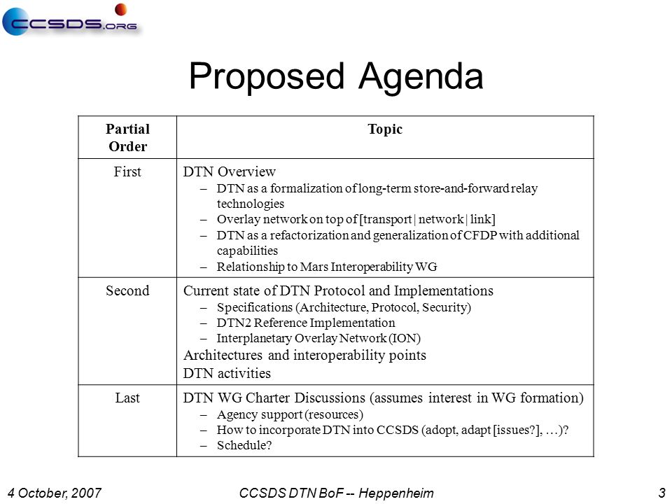 4 October, 2007CCSDS DTN BoF -- Heppenheim3 Proposed Agenda Partial Order Topic FirstDTN Overview –DTN as a formalization of long-term store-and-forward relay technologies –Overlay network on top of [transport | network | link] –DTN as a refactorization and generalization of CFDP with additional capabilities –Relationship to Mars Interoperability WG SecondCurrent state of DTN Protocol and Implementations –Specifications (Architecture, Protocol, Security) –DTN2 Reference Implementation –Interplanetary Overlay Network (ION) Architectures and interoperability points DTN activities LastDTN WG Charter Discussions (assumes interest in WG formation) –Agency support (resources) –How to incorporate DTN into CCSDS (adopt, adapt [issues ], …).