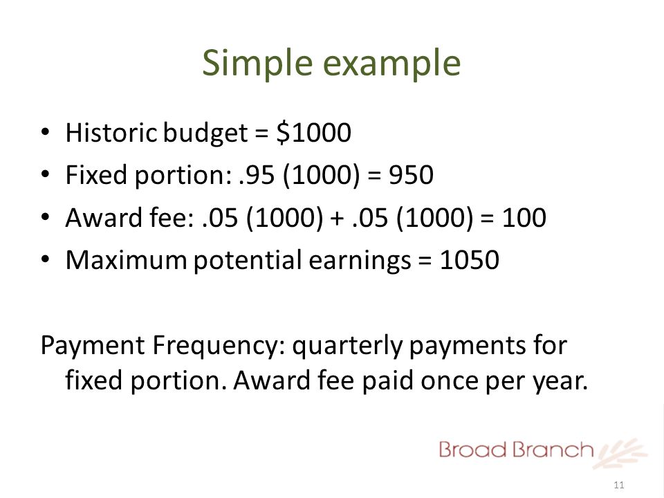 11 Simple example Historic budget = $1000 Fixed portion:.95 (1000) = 950 Award fee:.05 (1000) +.05 (1000) = 100 Maximum potential earnings = 1050 Payment Frequency: quarterly payments for fixed portion.
