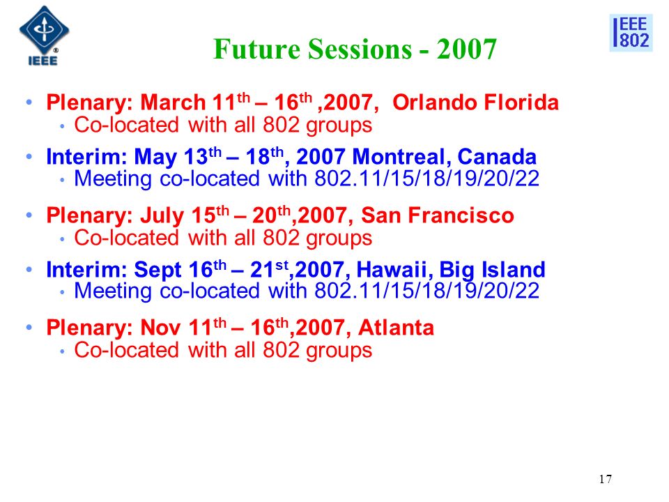 17 Future Sessions Plenary: March 11 th – 16 th,2007, Orlando Florida Co-located with all 802 groups Interim: May 13 th – 18 th, 2007 Montreal, Canada Meeting co-located with /15/18/19/20/22 Plenary: July 15 th – 20 th,2007, San Francisco Co-located with all 802 groups Interim: Sept 16 th – 21 st,2007, Hawaii, Big Island Meeting co-located with /15/18/19/20/22 Plenary: Nov 11 th – 16 th,2007, Atlanta Co-located with all 802 groups