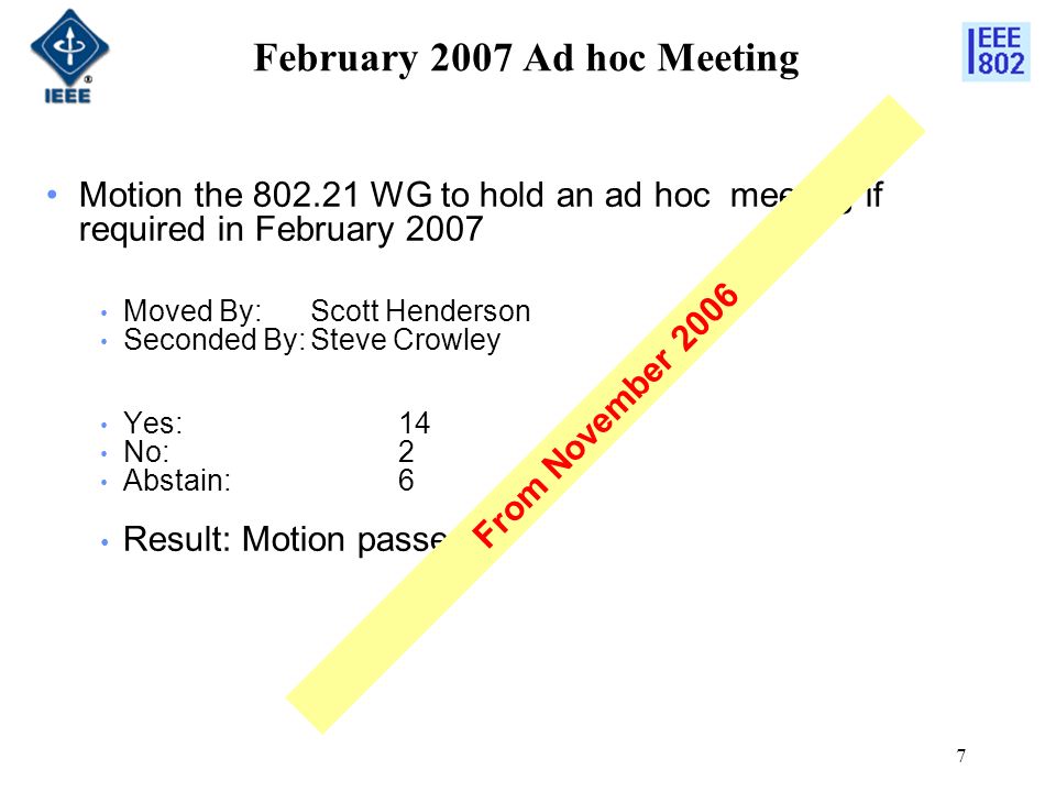 7 February 2007 Ad hoc Meeting Motion the WG to hold an ad hoc meeting if required in February 2007 Moved By: Scott Henderson Seconded By:Steve Crowley Yes: 14 No: 2 Abstain:6 Result: Motion passes From November 2006