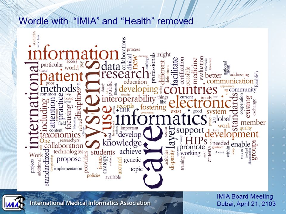 Wordle with IMIA and Health removed IMIA Board Meeting Dubai, April 21, 2103