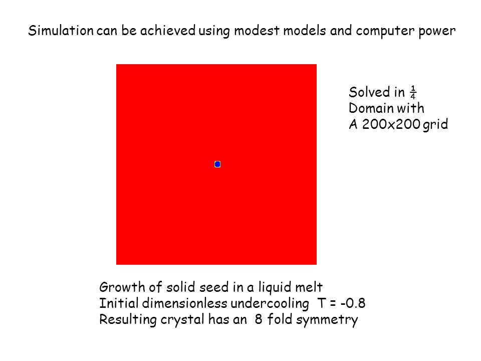 Simulation can be achieved using modest models and computer power Growth of solid seed in a liquid melt Initial dimensionless undercooling T = -0.8 Resulting crystal has an 8 fold symmetry Solved in ¼ Domain with A 200x200 grid
