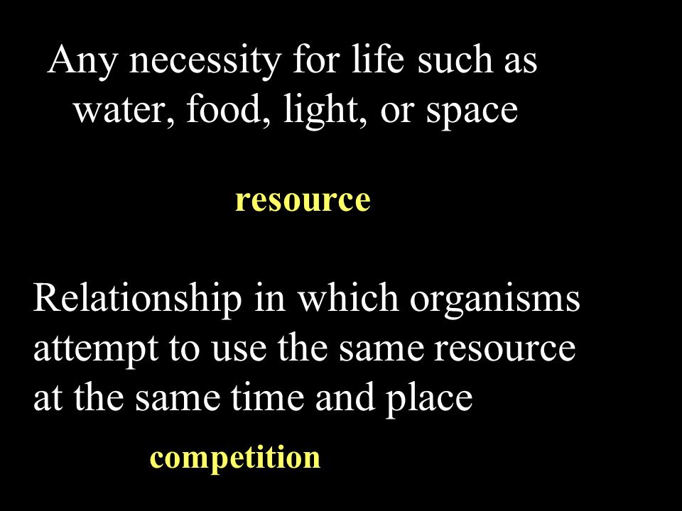 Any necessity for life such as water, food, light, or space resource Relationship in which organisms attempt to use the same resource at the same time and place competition