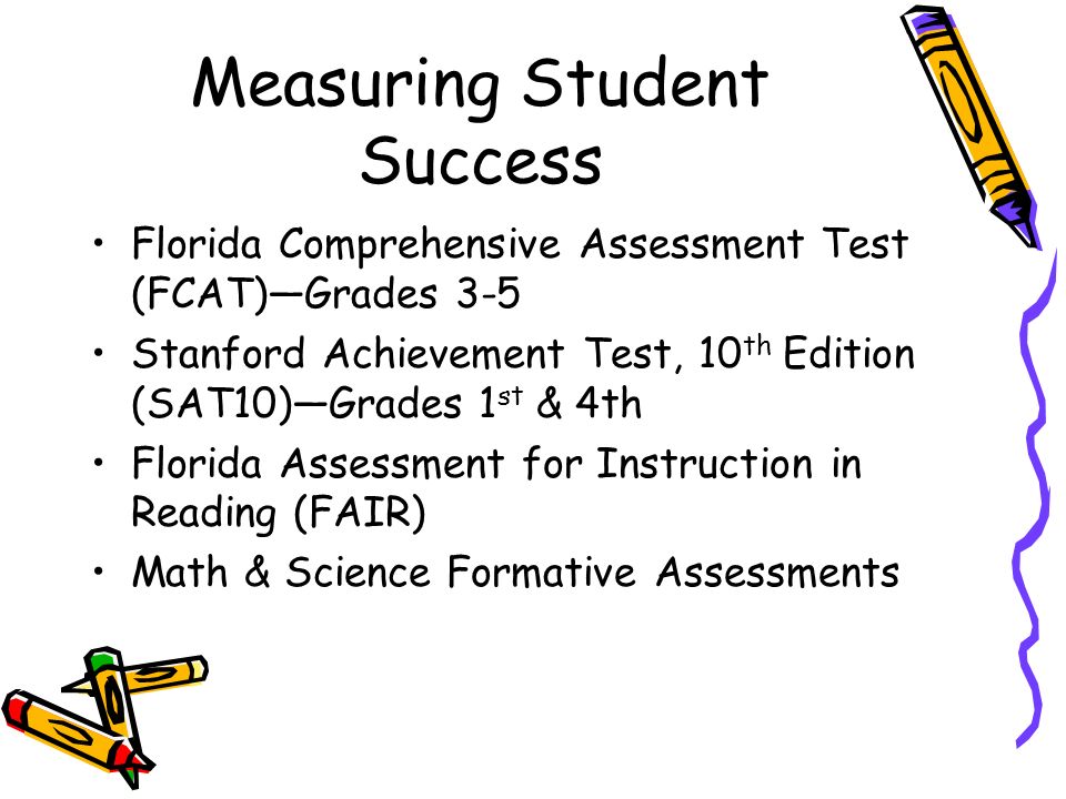 Measuring Student Success Florida Comprehensive Assessment Test (FCAT)—Grades 3-5 Stanford Achievement Test, 10 th Edition (SAT10)—Grades 1 st & 4th Florida Assessment for Instruction in Reading (FAIR) Math & Science Formative Assessments