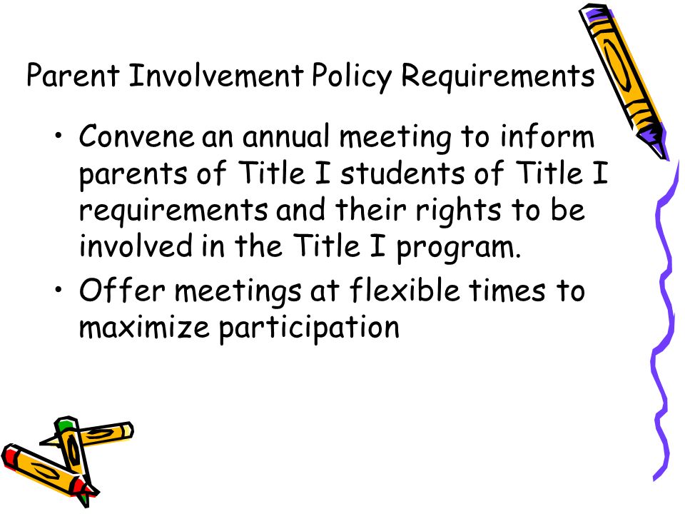 Convene an annual meeting to inform parents of Title I students of Title I requirements and their rights to be involved in the Title I program.