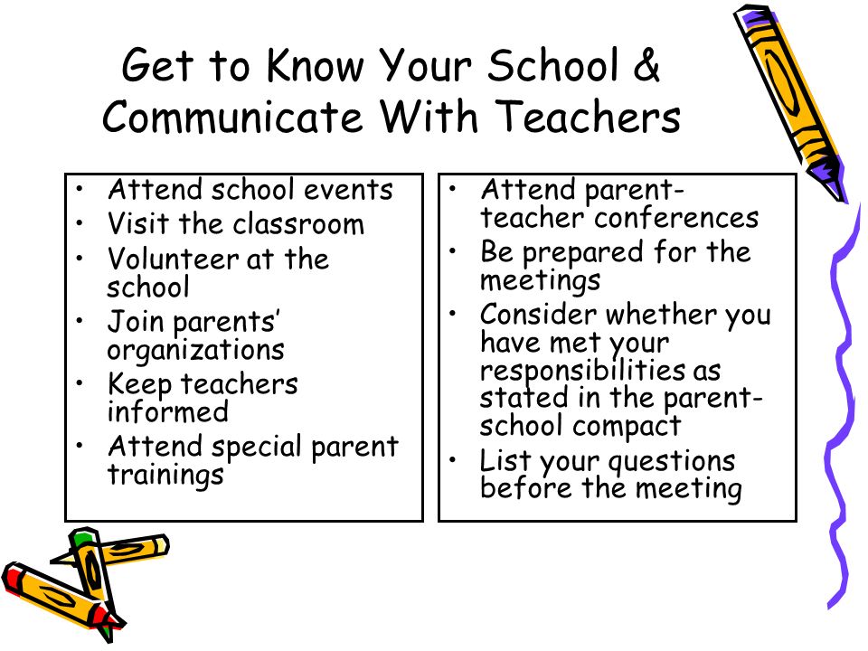 Get to Know Your School & Communicate With Teachers Attend school events Visit the classroom Volunteer at the school Join parents’ organizations Keep teachers informed Attend special parent trainings Attend parent- teacher conferences Be prepared for the meetings Consider whether you have met your responsibilities as stated in the parent- school compact List your questions before the meeting