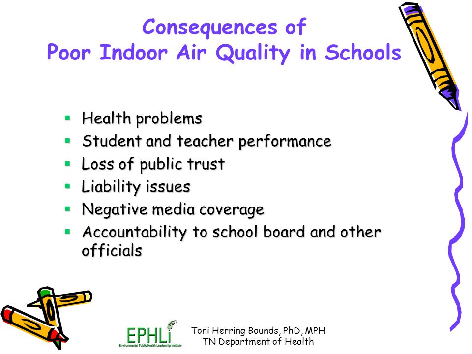 Indoor Air Quality In Schools Improving The Our Children 3 Toni Herring Bounds Phd Mph Tn Department Of Health Consequences Poor Indoor Air Quality In Schools Problems Student And Teacher