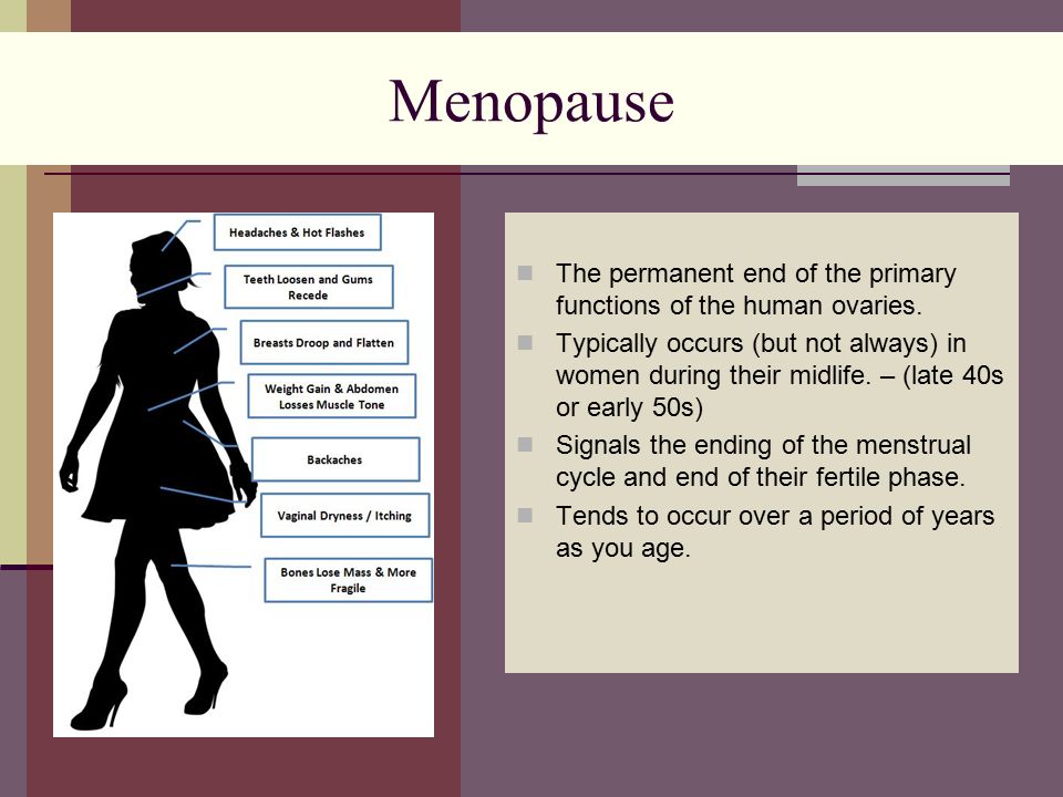 Menopause The permanent end of the primary functions of the human ovaries.