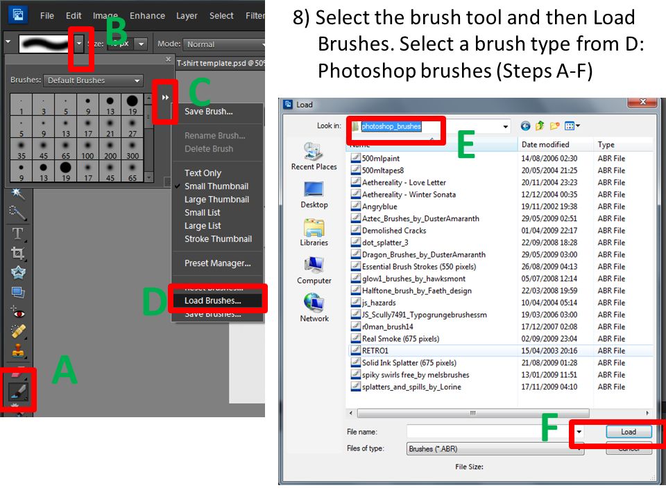 8) Select the brush tool and then Load Brushes.