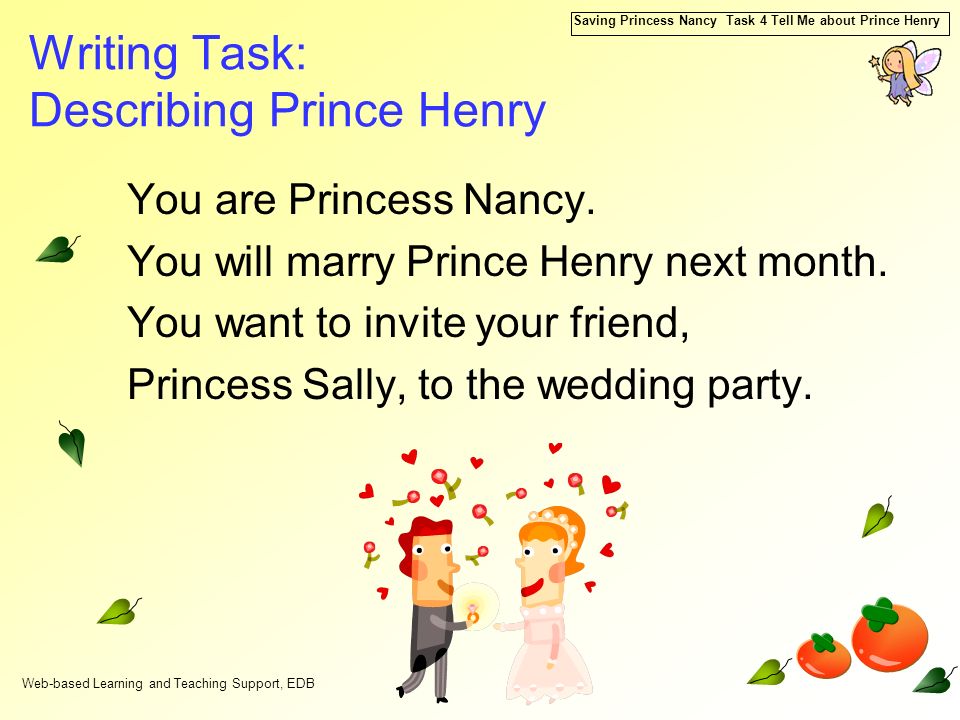 Web-based Learning and Teaching Support, EDB Saving Princess Nancy Task 4 Tell Me about Prince Henry Writing Task: Describing Prince Henry You are Princess Nancy.