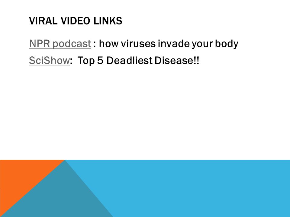 VIRAL VIDEO LINKS NPR podcastNPR podcast : how viruses invade your body SciShowSciShow: Top 5 Deadliest Disease!!