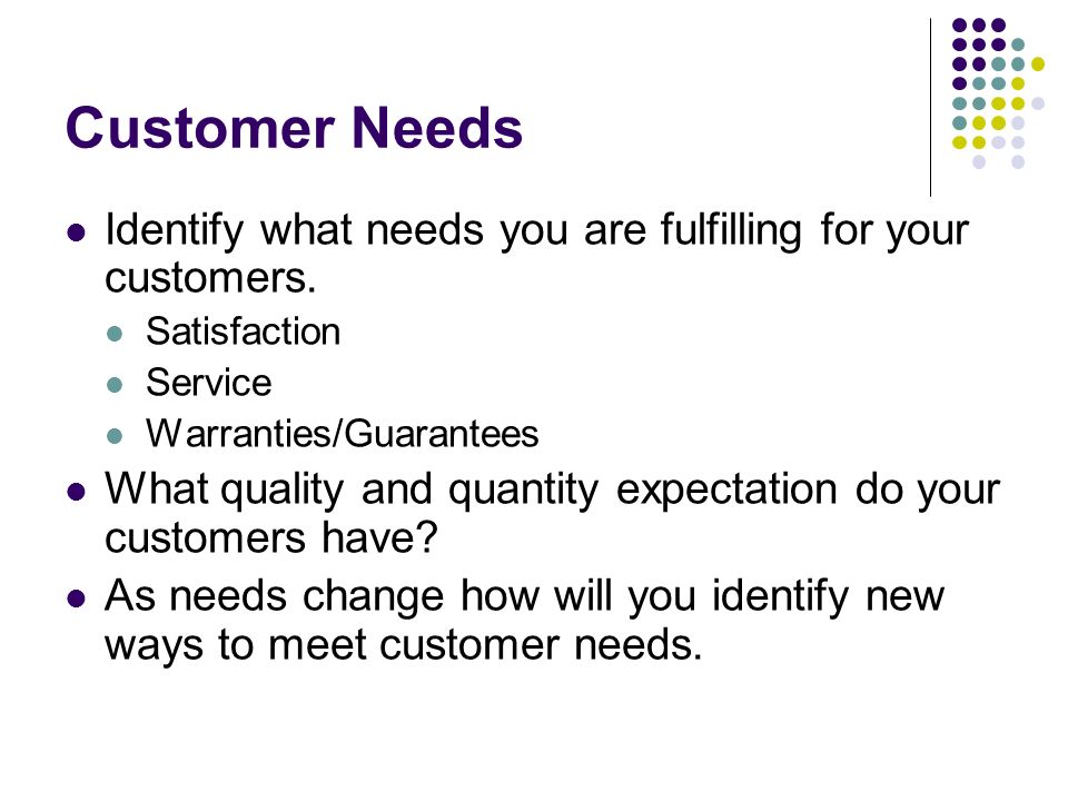 Customer Needs Identify what needs you are fulfilling for your customers.