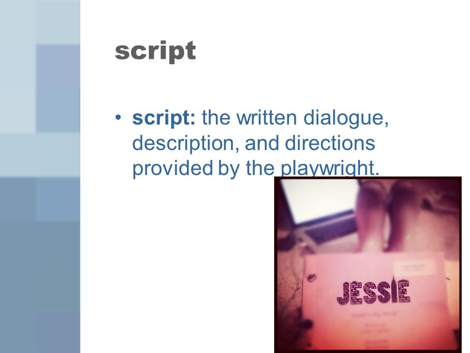 script script: the written dialogue, description, and directions provided by the playwright.