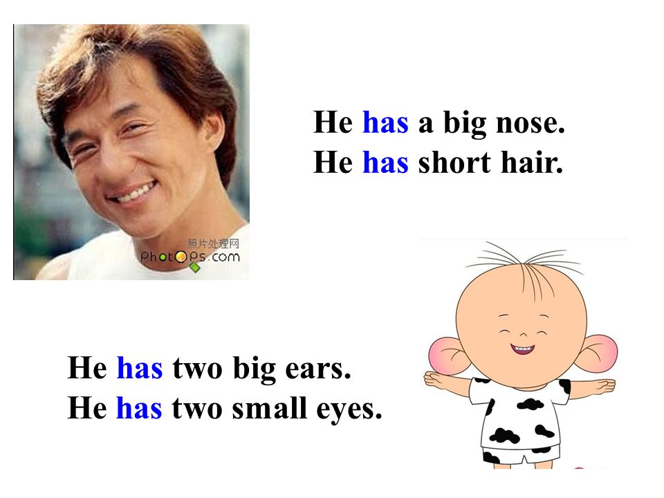 He has a big nose. He has short hair. He has two big ears. He has two small eyes.
