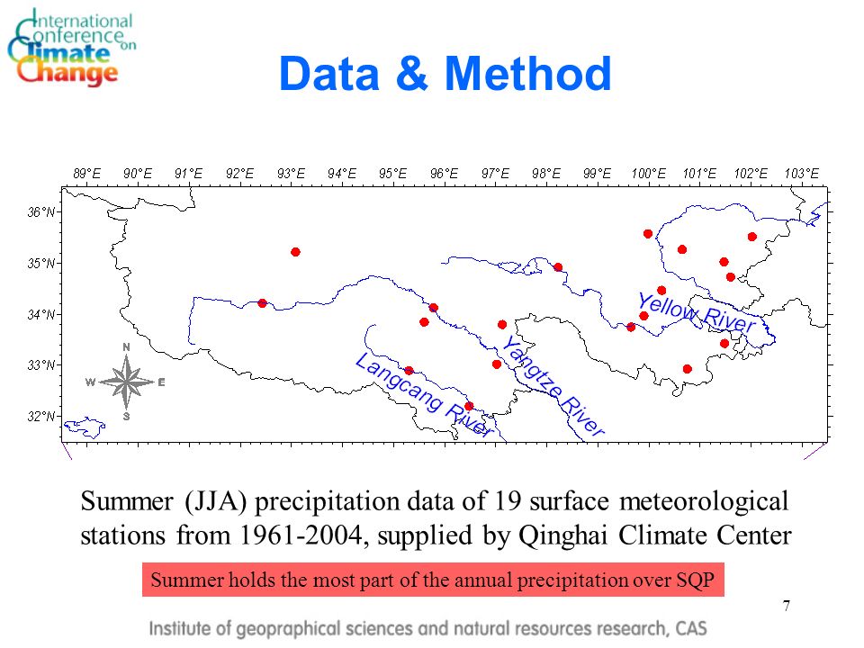 7 Data & Method Summer (JJA) precipitation data of 19 surface meteorological stations from , supplied by Qinghai Climate Center Summer holds the most part of the annual precipitation over SQP