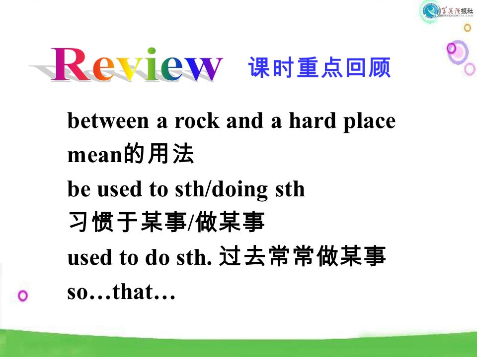 课时重点回顾 between a rock and a hard place mean 的用法 be used to sth/doing sth 习惯于某事 / 做某事 used to do sth.