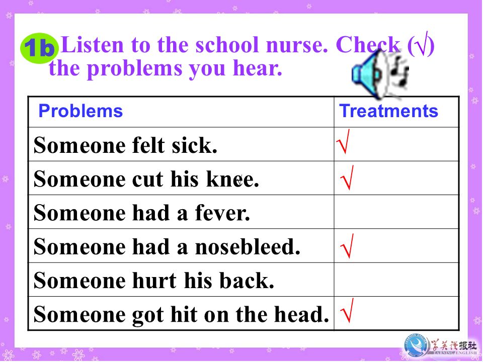 1b Listen to the school nurse. Check ( ) the problems you hear.