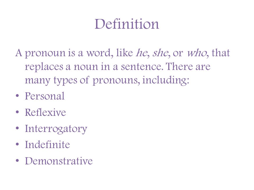 Definition A pronoun is a word, like he, she, or who, that replaces a noun in a sentence.