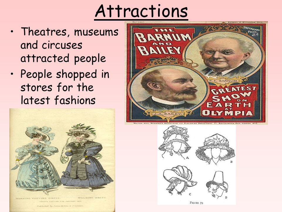Attractions Theatres, museums and circuses attracted people People shopped in stores for the latest fashions from Europe.