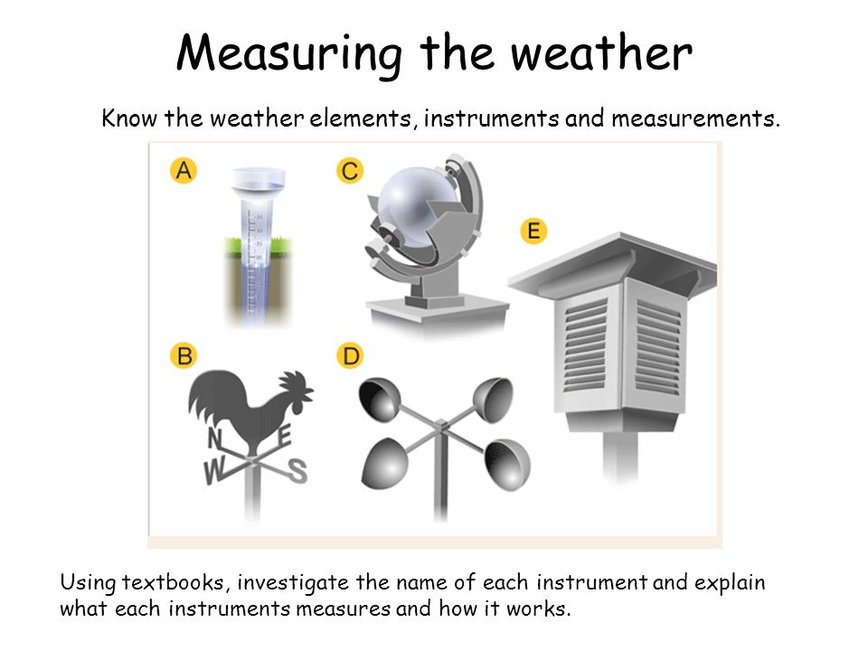 Using textbooks, investigate the name of each instrument and explain what each instruments measures and how it works.