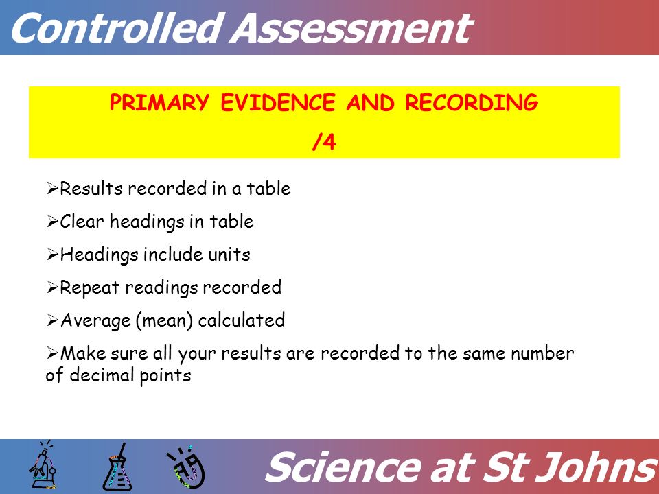 Science at St Johns Controlled Assessment PRIMARY EVIDENCE AND RECORDING /4  Results recorded in a table  Clear headings in table  Headings include units  Repeat readings recorded  Average (mean) calculated  Make sure all your results are recorded to the same number of decimal points