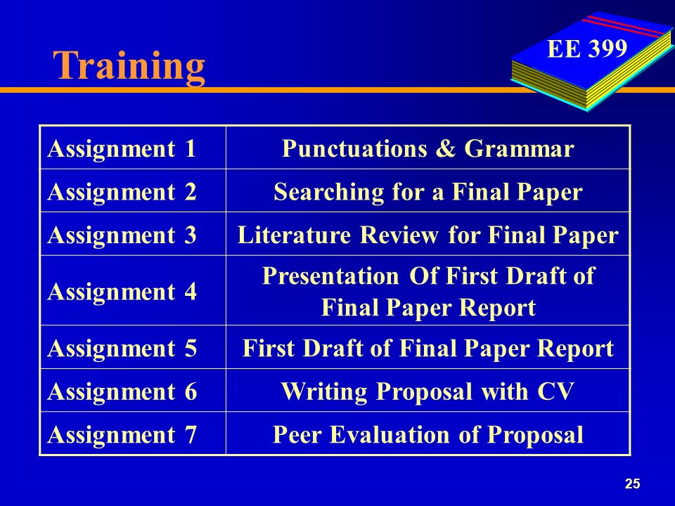 EE Training Punctuations & GrammarAssignment 1 Searching for a Final PaperAssignment 2 Literature Review for Final PaperAssignment 3 Presentation Of First Draft of Final Paper Report Assignment 4 First Draft of Final Paper ReportAssignment 5 Writing Proposal with CVAssignment 6 Peer Evaluation of ProposalAssignment 7
