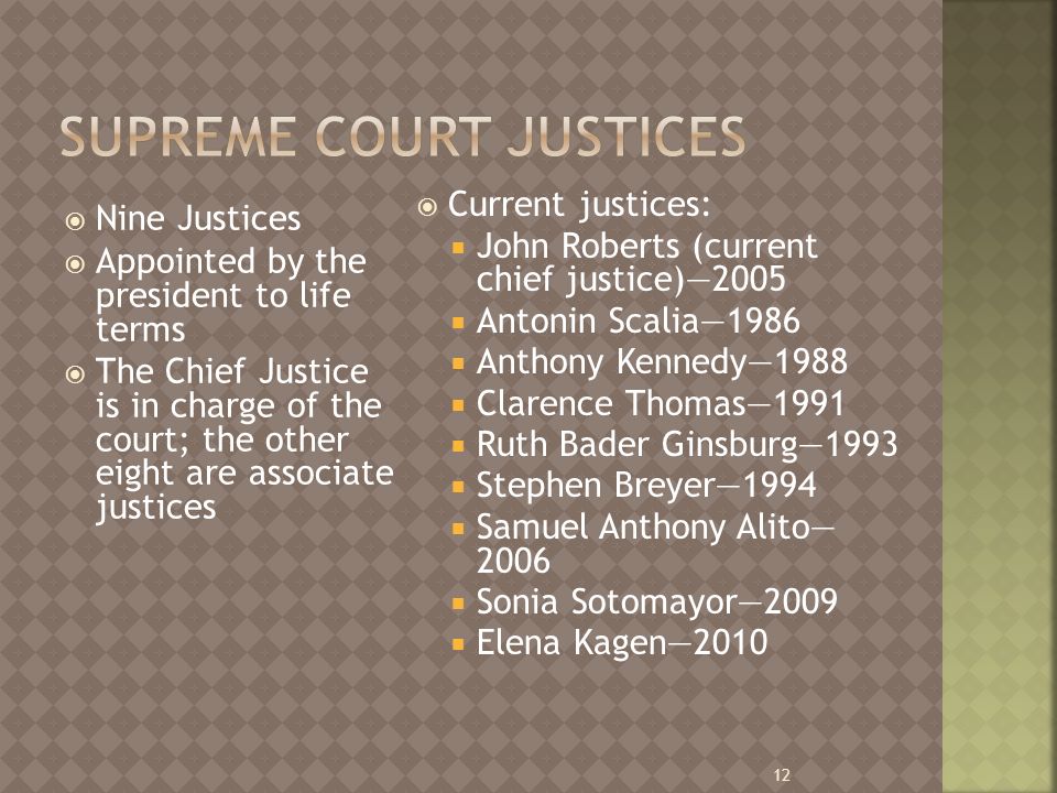  Nine Justices  Appointed by the president to life terms  The Chief Justice is in charge of the court; the other eight are associate justices  Current justices:  John Roberts (current chief justice)—2005  Antonin Scalia—1986  Anthony Kennedy—1988  Clarence Thomas—1991  Ruth Bader Ginsburg—1993  Stephen Breyer—1994  Samuel Anthony Alito— 2006  Sonia Sotomayor—2009  Elena Kagen—
