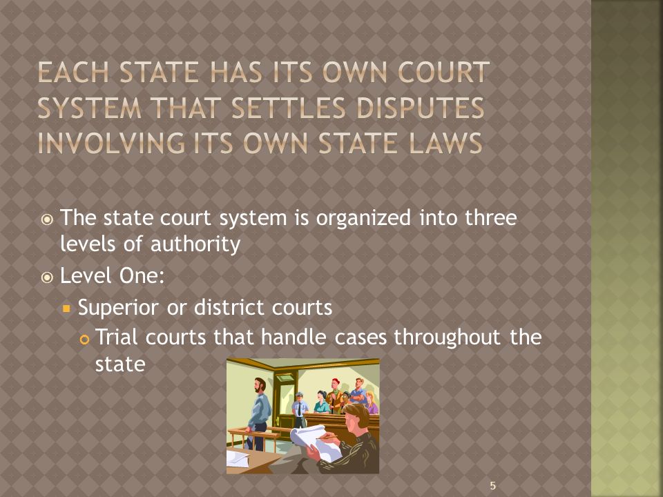  The state court system is organized into three levels of authority  Level One:  Superior or district courts Trial courts that handle cases throughout the state 5