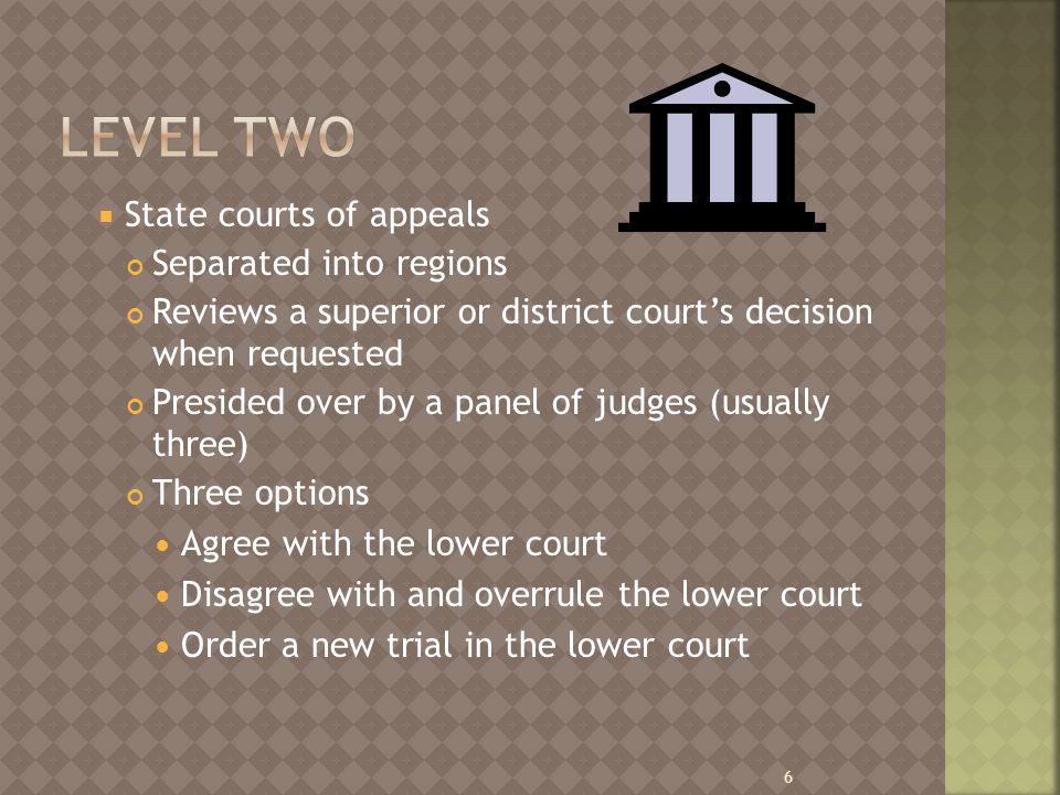  State courts of appeals Separated into regions Reviews a superior or district court’s decision when requested Presided over by a panel of judges (usually three) Three options Agree with the lower court Disagree with and overrule the lower court Order a new trial in the lower court 6