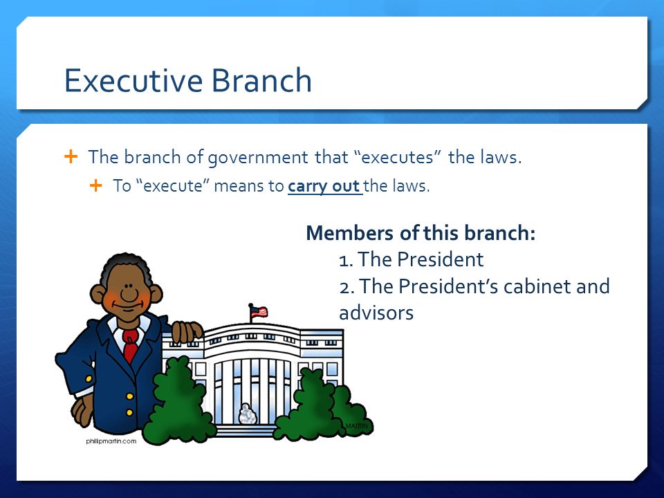Executive Branch  The branch of government that executes the laws.