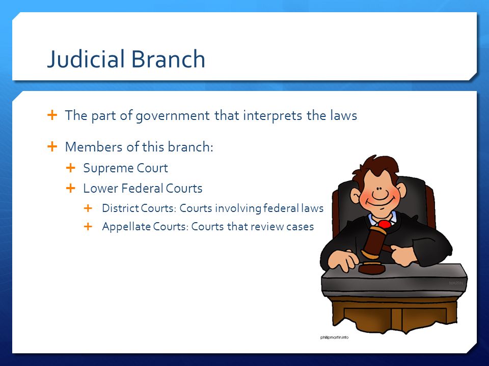 Judicial Branch  The part of government that interprets the laws  Members of this branch:  Supreme Court  Lower Federal Courts  District Courts: Courts involving federal laws  Appellate Courts: Courts that review cases