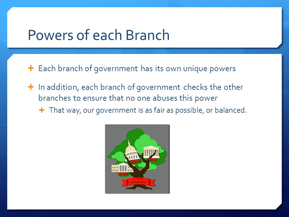 Powers of each Branch  Each branch of government has its own unique powers  In addition, each branch of government checks the other branches to ensure that no one abuses this power  That way, our government is as fair as possible, or balanced.
