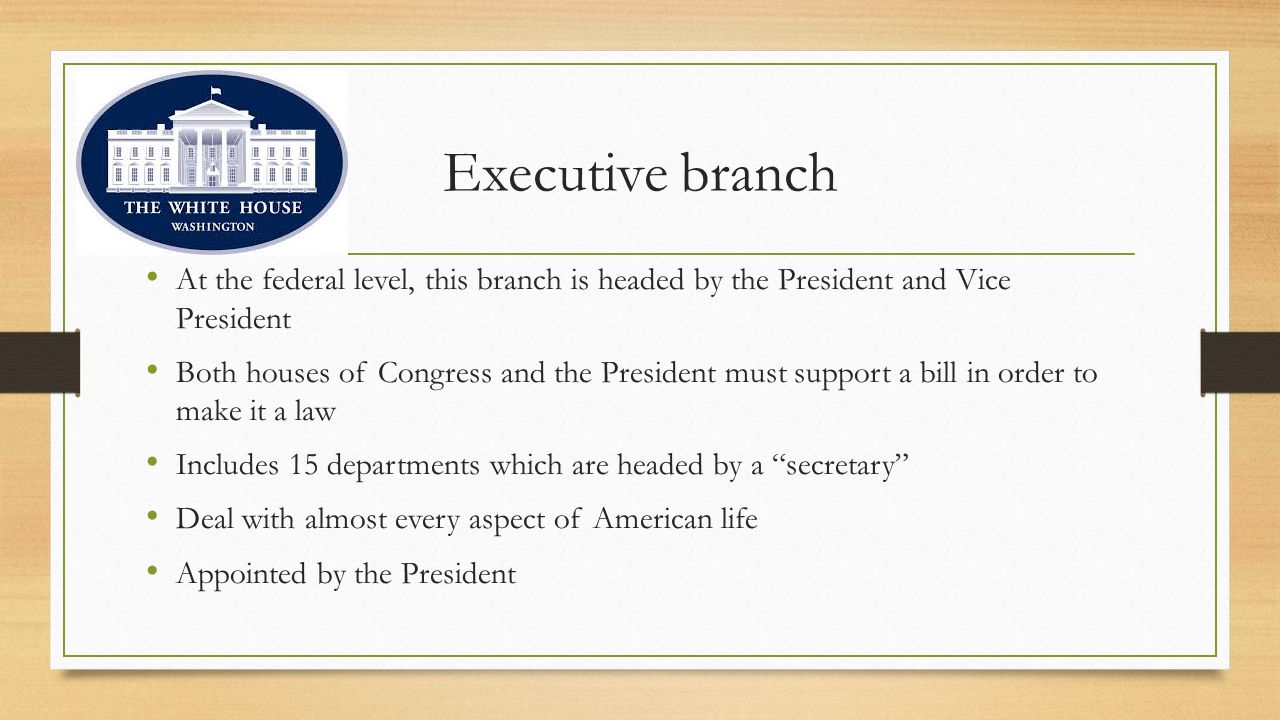 Executive branch At the federal level, this branch is headed by the President and Vice President Both houses of Congress and the President must support a bill in order to make it a law Includes 15 departments which are headed by a secretary Deal with almost every aspect of American life Appointed by the President
