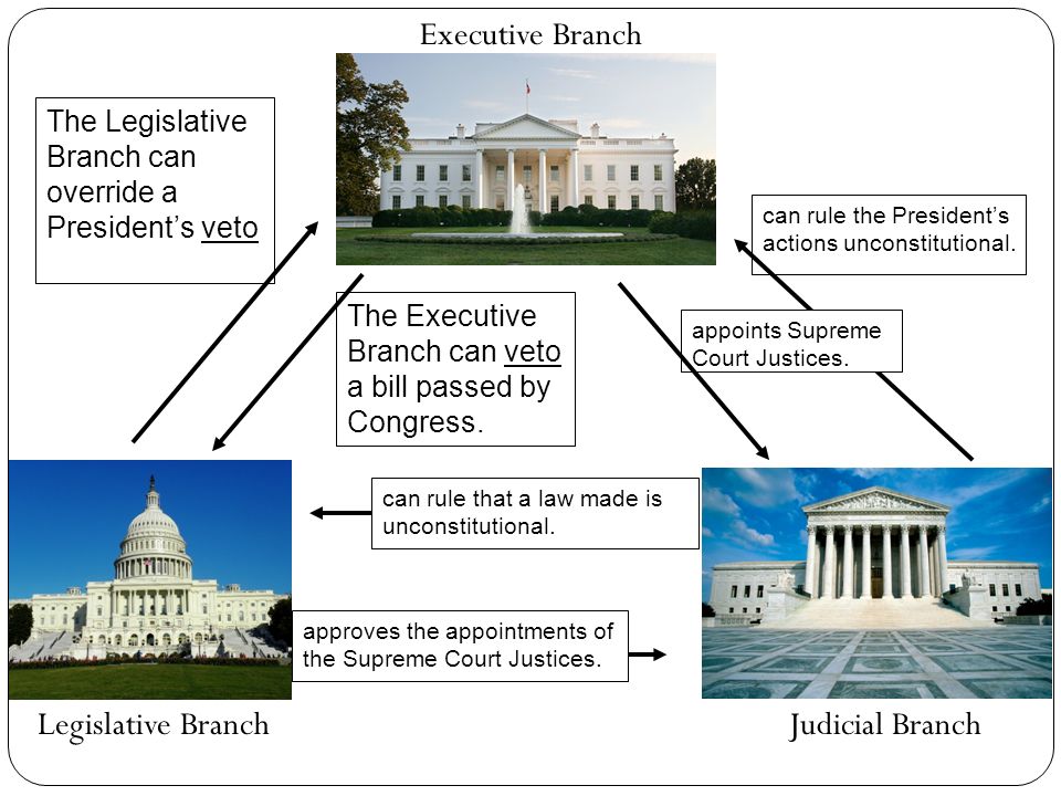 Executive Branch Legislative BranchJudicial Branch can rule the President’s actions unconstitutional.