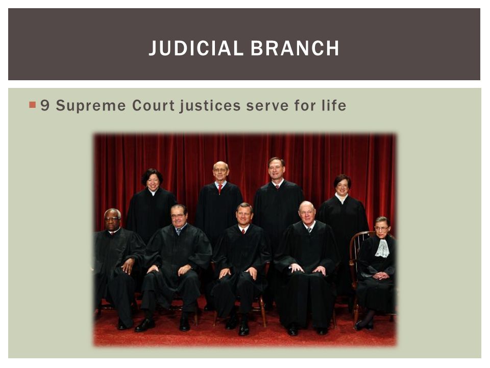  9 Supreme Court justices serve for life JUDICIAL BRANCH