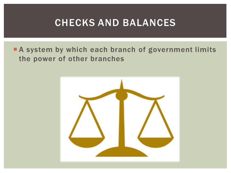  A system by which each branch of government limits the power of other branches CHECKS AND BALANCES