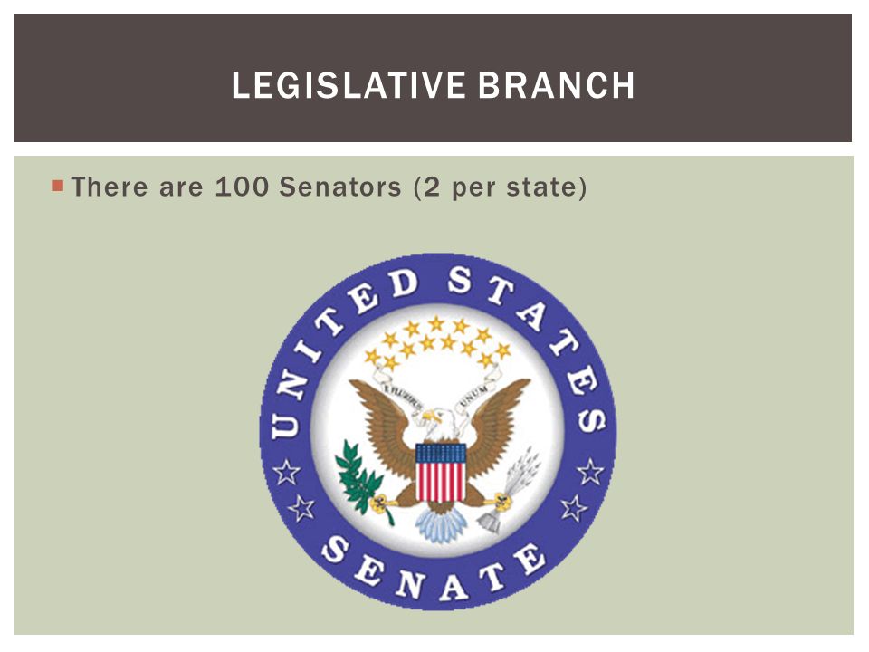  There are 100 Senators (2 per state) LEGISLATIVE BRANCH